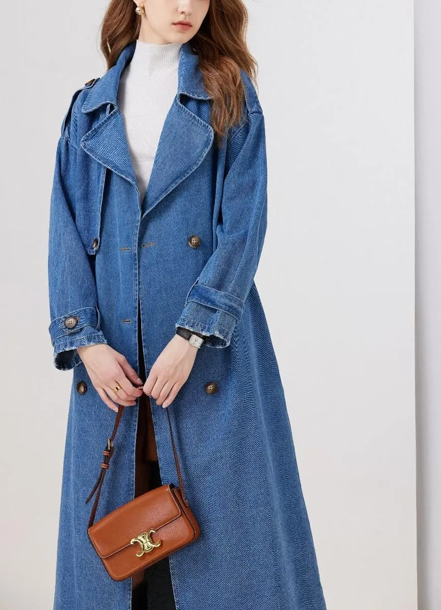 chouyatou Women's Fashion Notch Lapel Denim Trench Coat Double Breasted Belted Maxi Long Jean Jacket