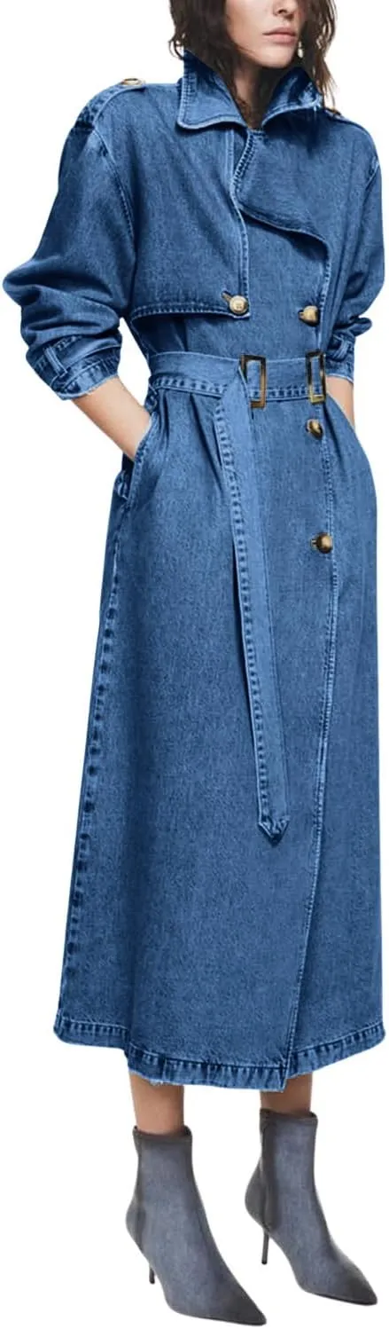 chouyatou Women's Fashion Notch Lapel Denim Trench Coat Double Breasted Belted Maxi Long Jean Jacket
