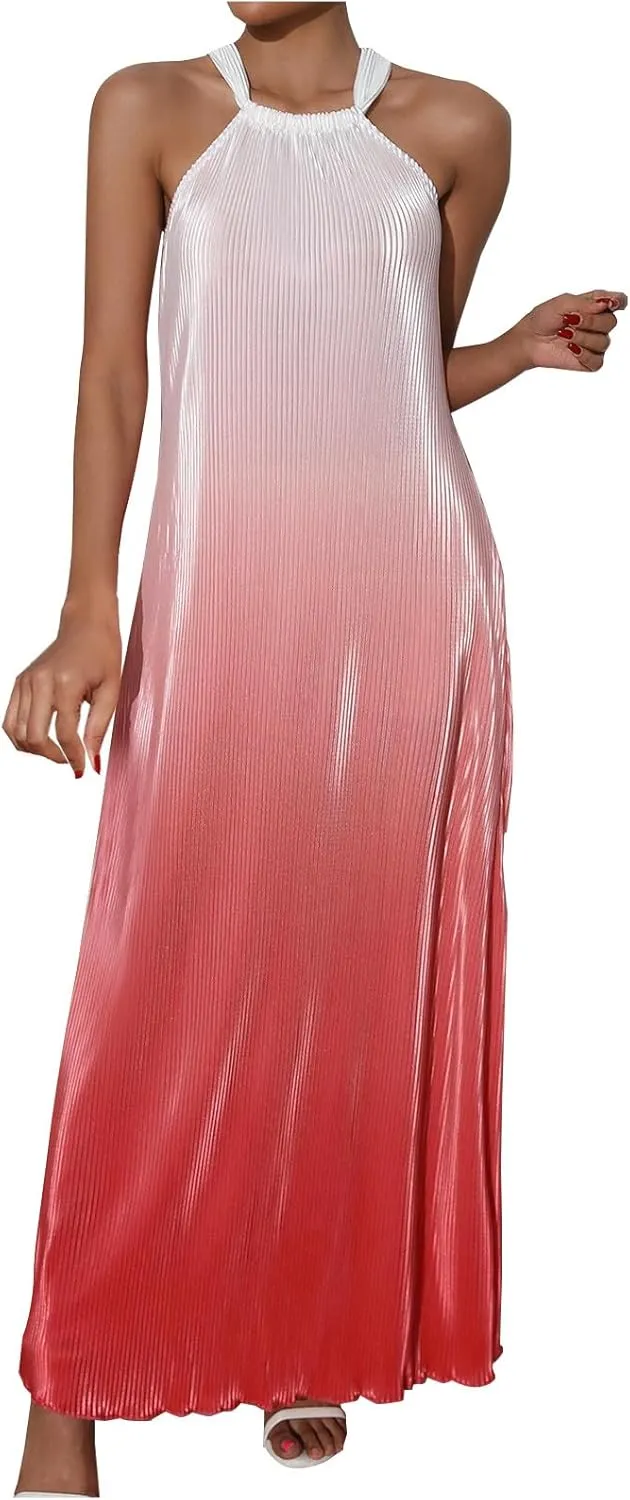 Cocktail Dresses for Women Tweed Gradient Flowy Maxi Tank Dress Sleeveless Off Shoulder Party Wedding Guest Dresses