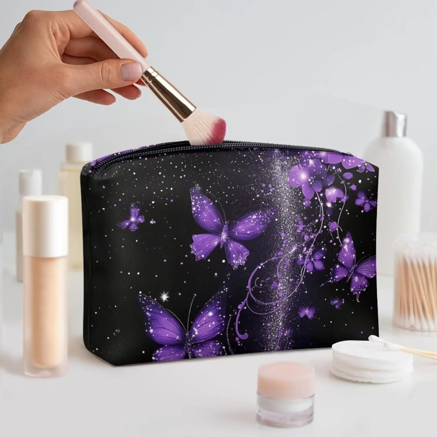 COEQINE Gothic Leather Cosmetic Bags for Women Trendy Purple Butterfly Cute Makeup Organizer Bag With Zipper Portable Toiletry Storage Pouch for Travel Work Casual Cosmetic Bag Style