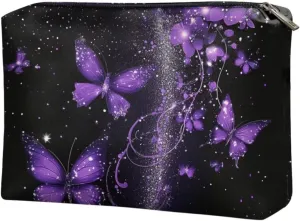 COEQINE Gothic Leather Cosmetic Bags for Women Trendy Purple Butterfly Cute Makeup Organizer Bag With Zipper Portable Toiletry Storage Pouch for Travel Work Casual Cosmetic Bag Style
