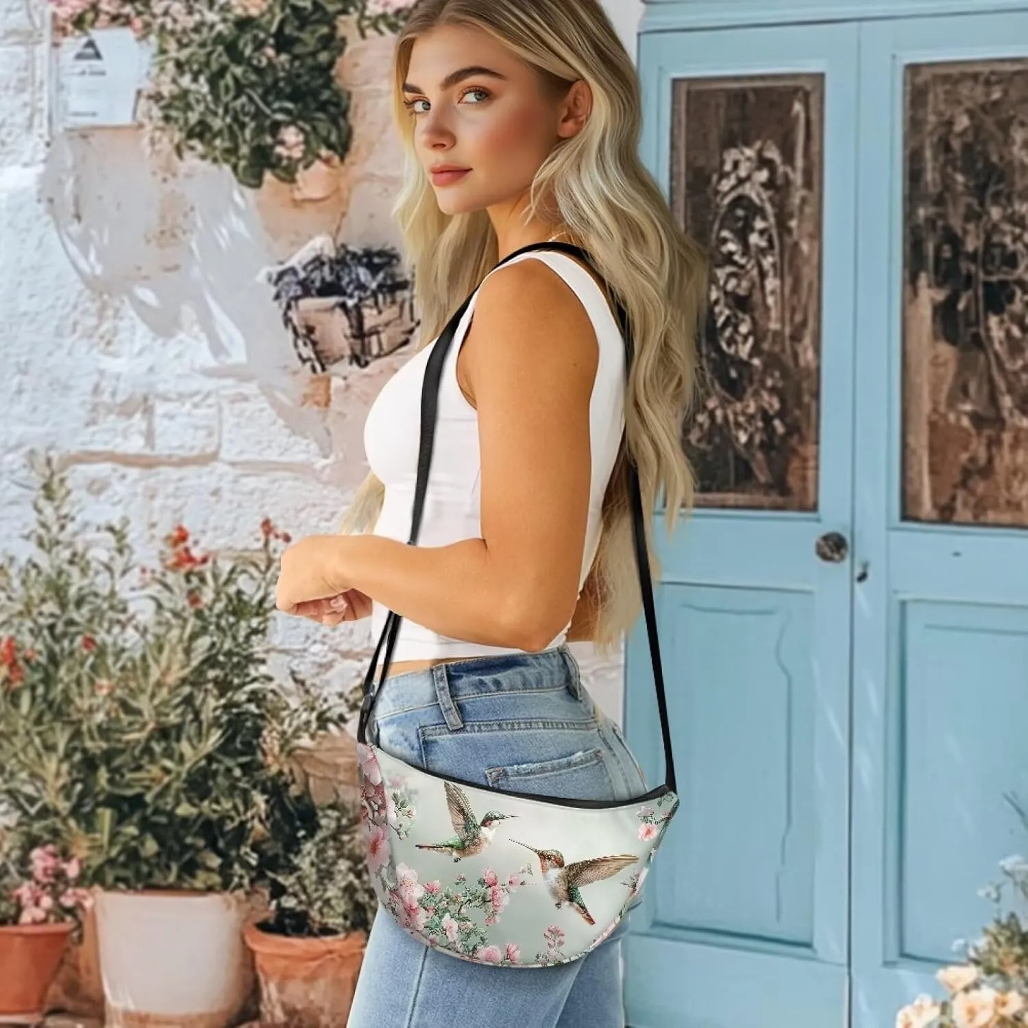 COEQINE Hobo Crossbody Bags For Women Aesthetic Hummingbird Pink Floral Dumpling Backpack for Work Casual Cross Body Bag Hobo Handbag Purse Trend Shoulder Bag With Zipper