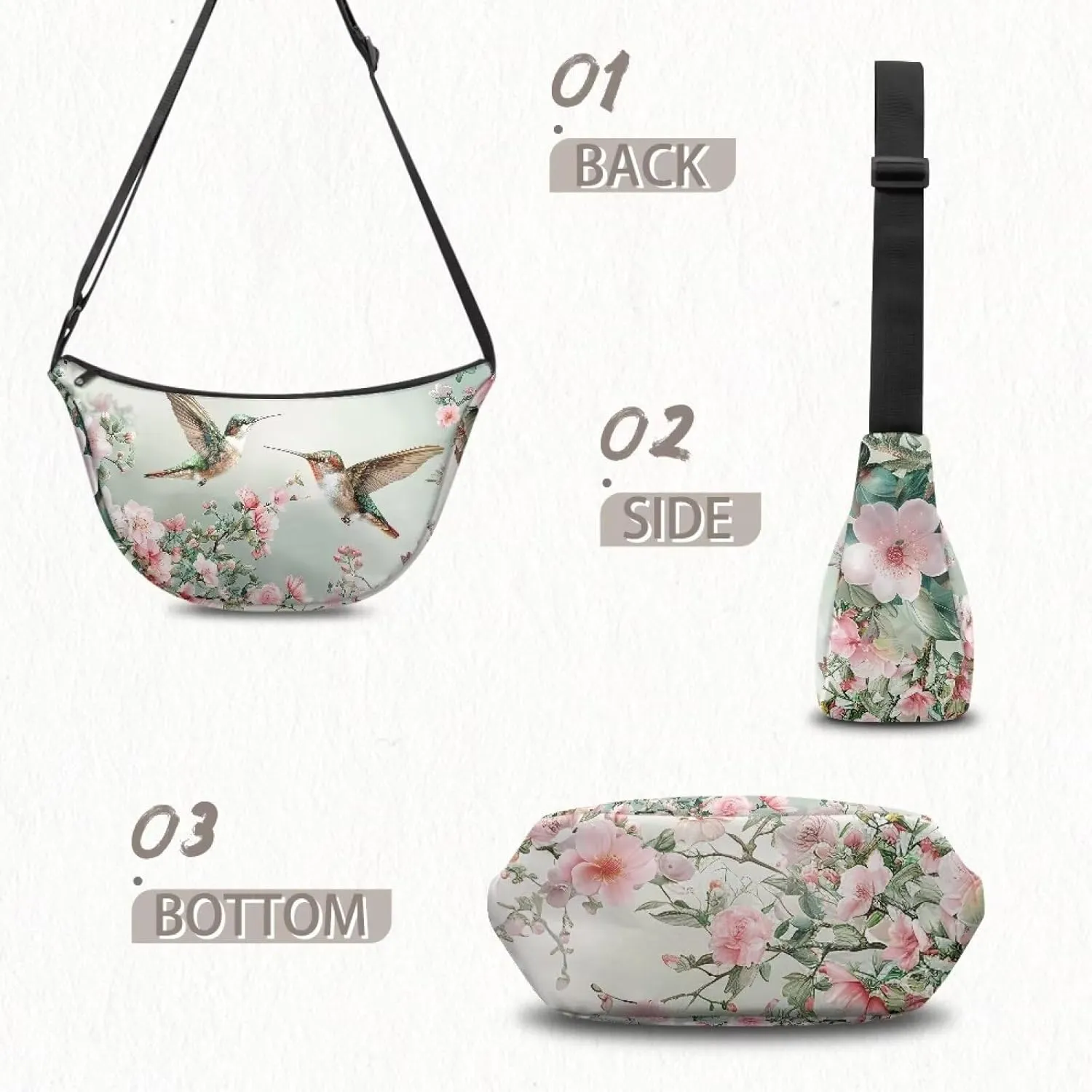 COEQINE Hobo Crossbody Bags For Women Aesthetic Hummingbird Pink Floral Dumpling Backpack for Work Casual Cross Body Bag Hobo Handbag Purse Trend Shoulder Bag With Zipper