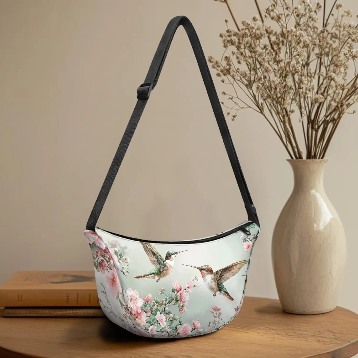 COEQINE Hobo Crossbody Bags For Women Aesthetic Hummingbird Pink Floral Dumpling Backpack for Work Casual Cross Body Bag Hobo Handbag Purse Trend Shoulder Bag With Zipper