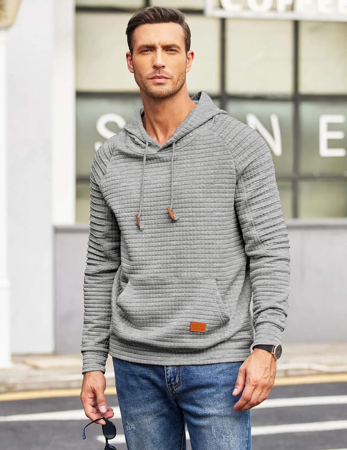 COOFANDY Mens Hoodies Pullover Casaul Long Sleeve Drawstring Waffle Knit Hooded Sweatshirt with Kanga Pocket