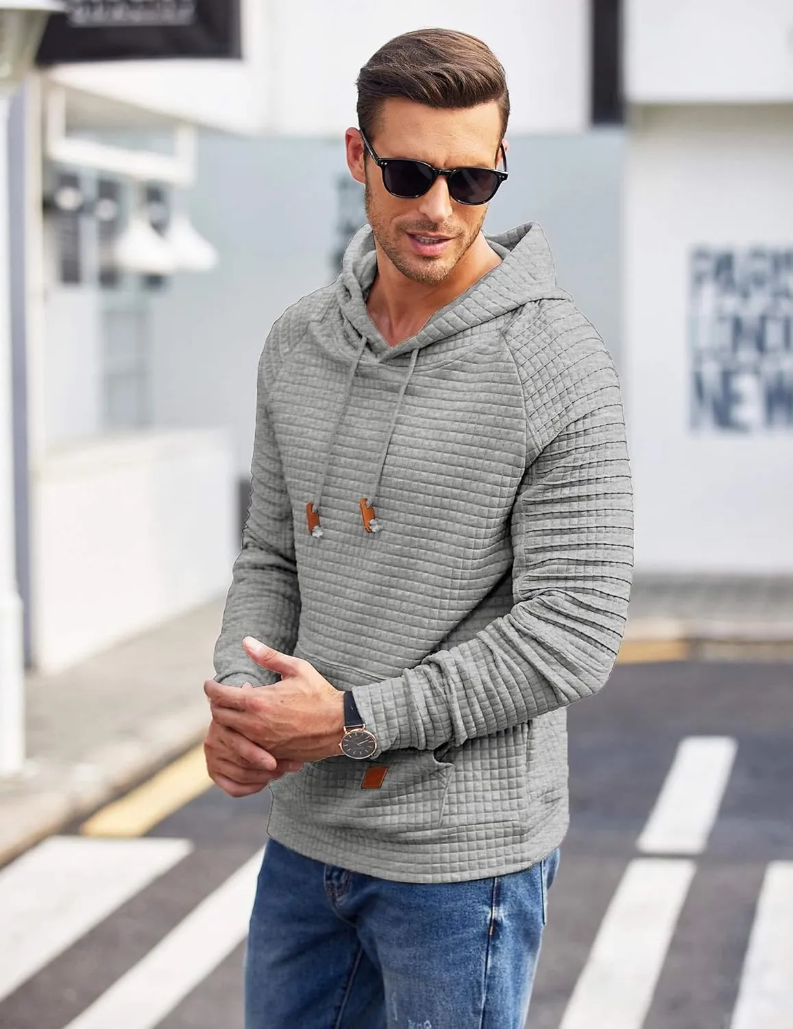 COOFANDY Mens Hoodies Pullover Casaul Long Sleeve Drawstring Waffle Knit Hooded Sweatshirt with Kanga Pocket
