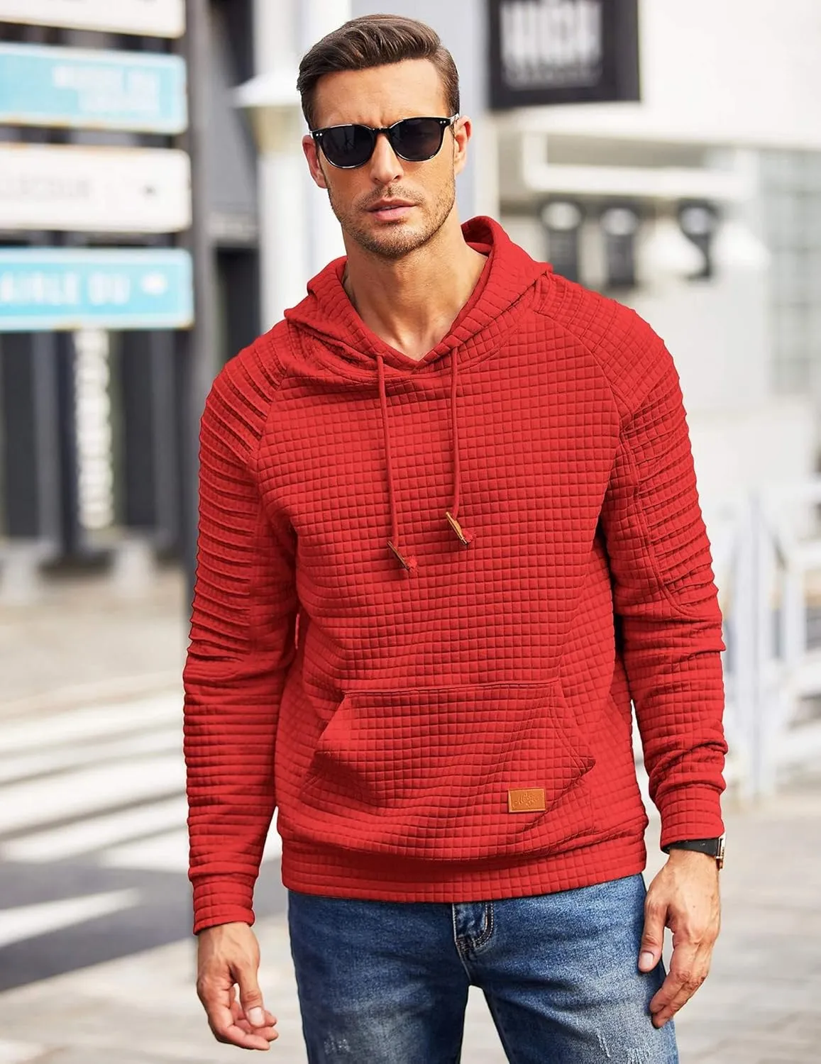 COOFANDY Mens Hoodies Pullover Casaul Long Sleeve Drawstring Waffle Knit Hooded Sweatshirt with Kanga Pocket