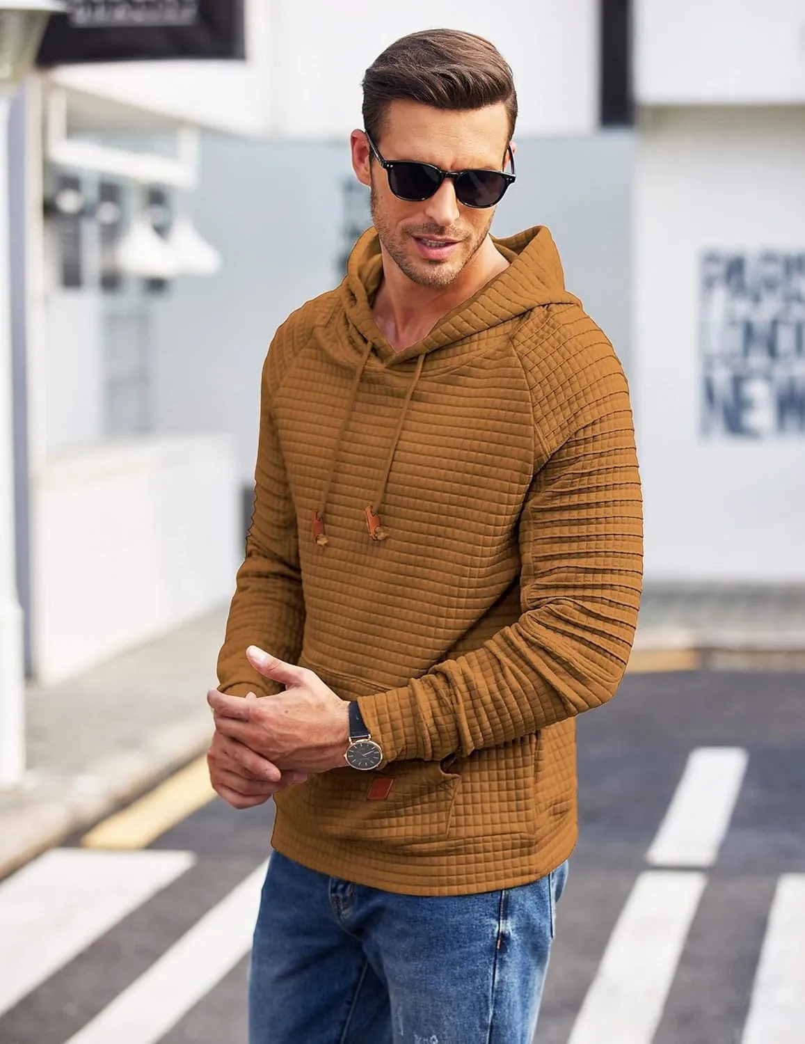 COOFANDY Mens Hoodies Pullover Casaul Long Sleeve Drawstring Waffle Knit Hooded Sweatshirt with Kanga Pocket