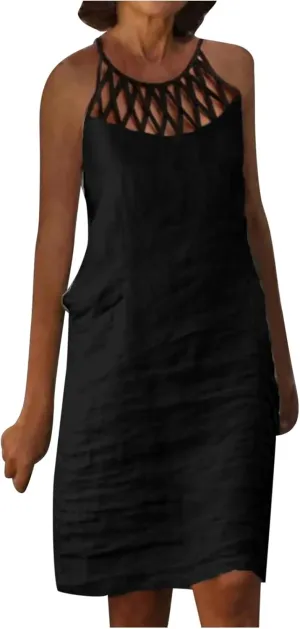 Cotton Linen Dresses for Womens 2024 Trendy Summer Casual Loose Short Sleeve Midi Dress Elegant Lace Beach Sundress