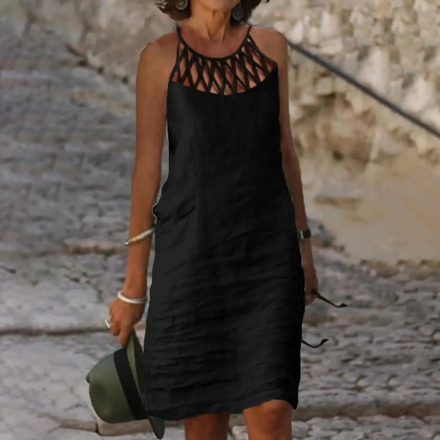 Cotton Linen Dresses for Womens 2024 Trendy Summer Casual Loose Short Sleeve Midi Dress Elegant Lace Beach Sundress