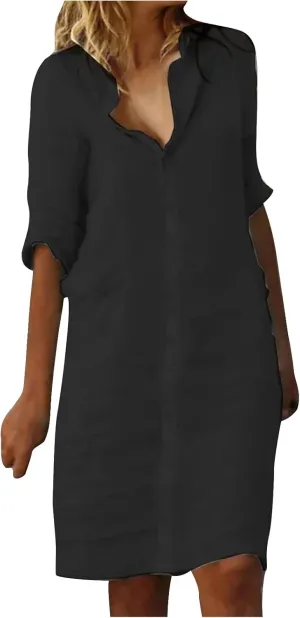 Cotton Linen Shirt Dress for Women Button Down 1/2 Sleeve Lapel Midi Dresses Summer Beach Travel Vacation Outfit 2025