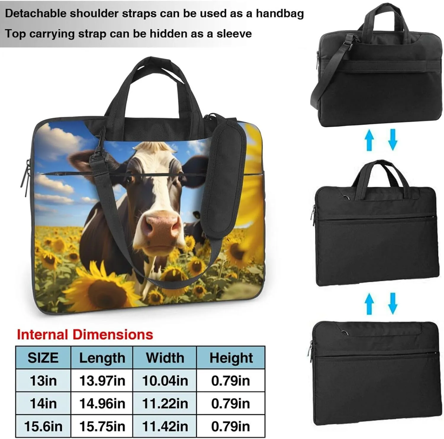 Cow with Sunflowers in Blue Print Work Casual Office Laptop Shoulder Messenger Bag 13 inch 14 inch 15.6 inch