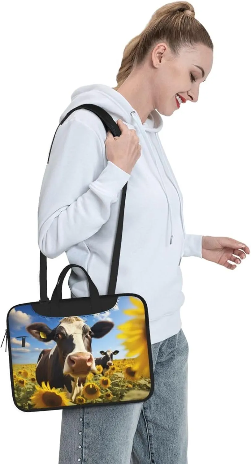 Cow with Sunflowers in Blue Print Work Casual Office Laptop Shoulder Messenger Bag 13 inch 14 inch 15.6 inch