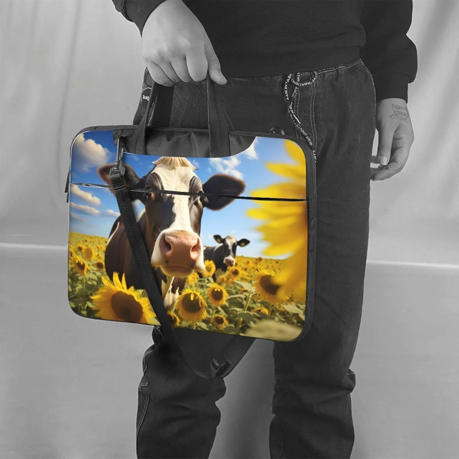 Cow with Sunflowers in Blue Print Work Casual Office Laptop Shoulder Messenger Bag 13 inch 14 inch 15.6 inch