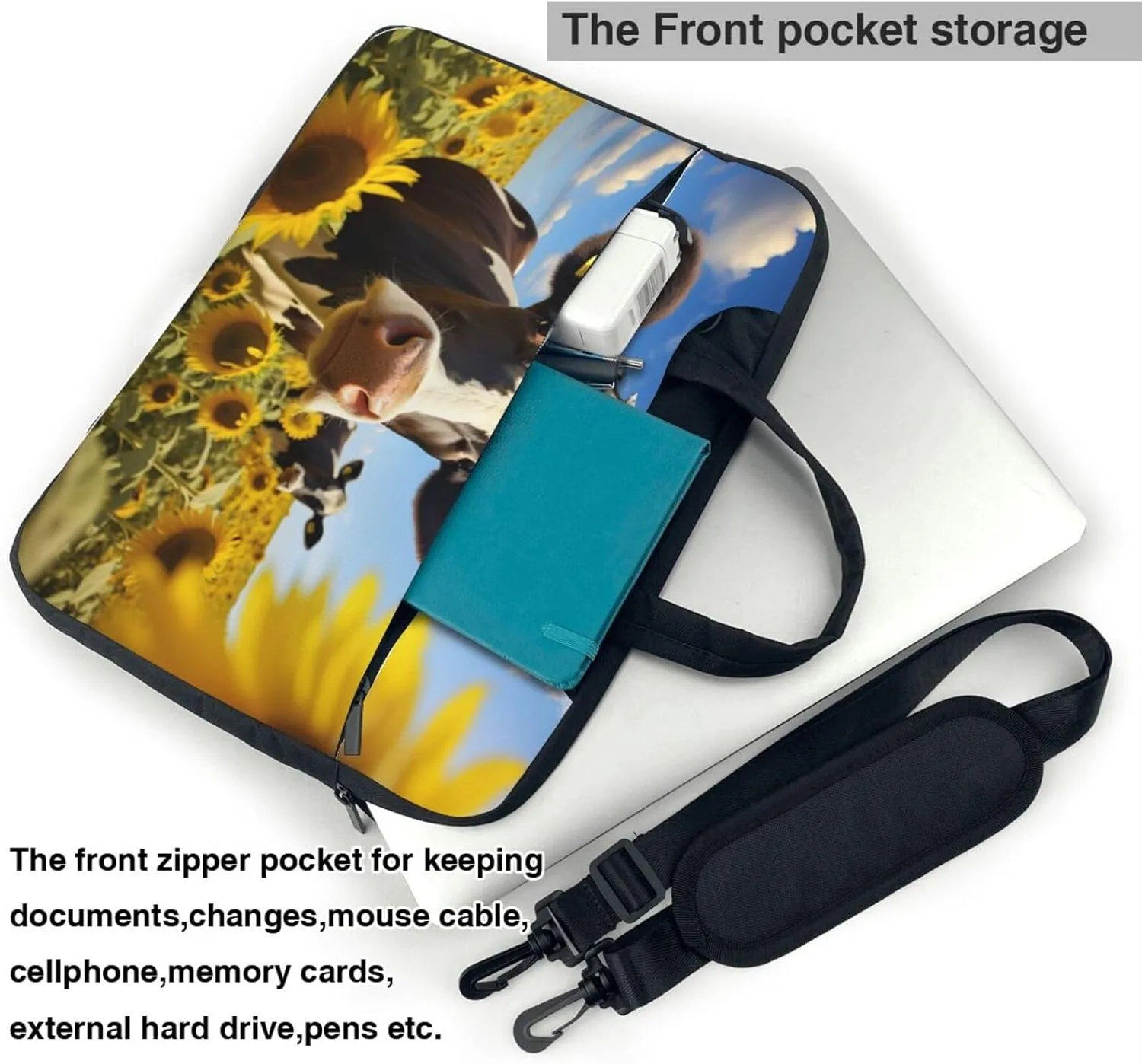 Cow with Sunflowers in Blue Print Work Casual Office Laptop Shoulder Messenger Bag 13 inch 14 inch 15.6 inch