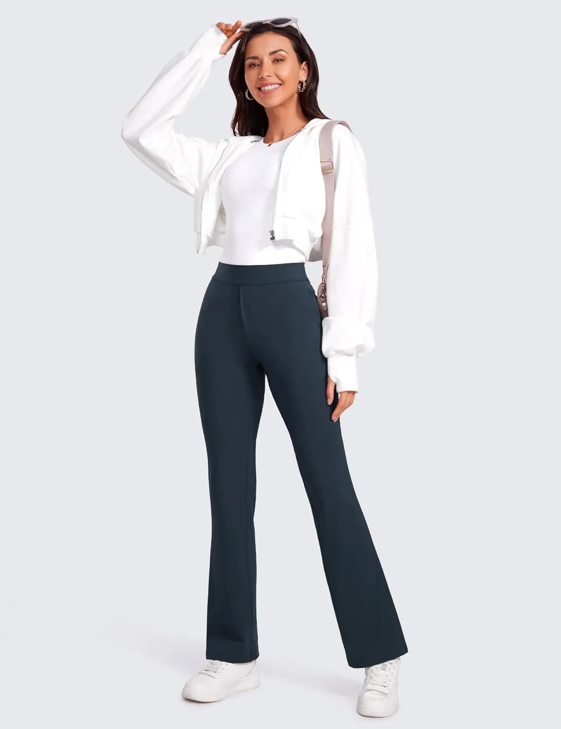 CRZ YOGA 4-Way Stretch Flare Womens Pants Tall 31" Dress Work Casual High Waisted Lounge Sweatpants with Zip Pockets