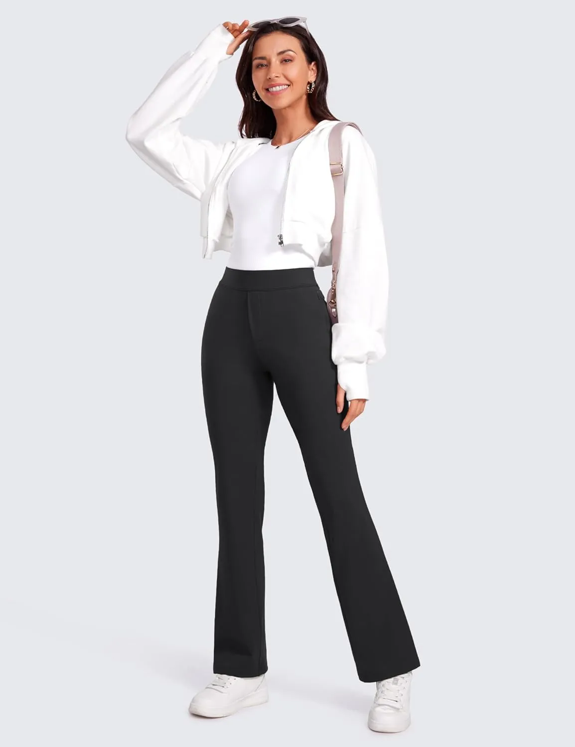 CRZ YOGA 4-Way Stretch Flare Womens Pants Tall 31" Dress Work Casual High Waisted Lounge Sweatpants with Zip Pockets