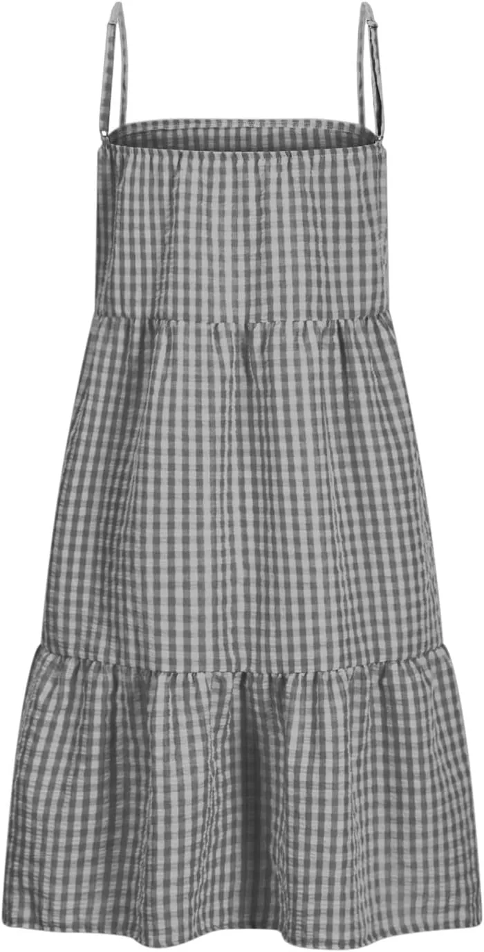 Cute Gingham Mini Cami Dress for Women Casual Spaghetti Strap Ruffle Hem A-Line Dress Summer Beach Vacation Sundress