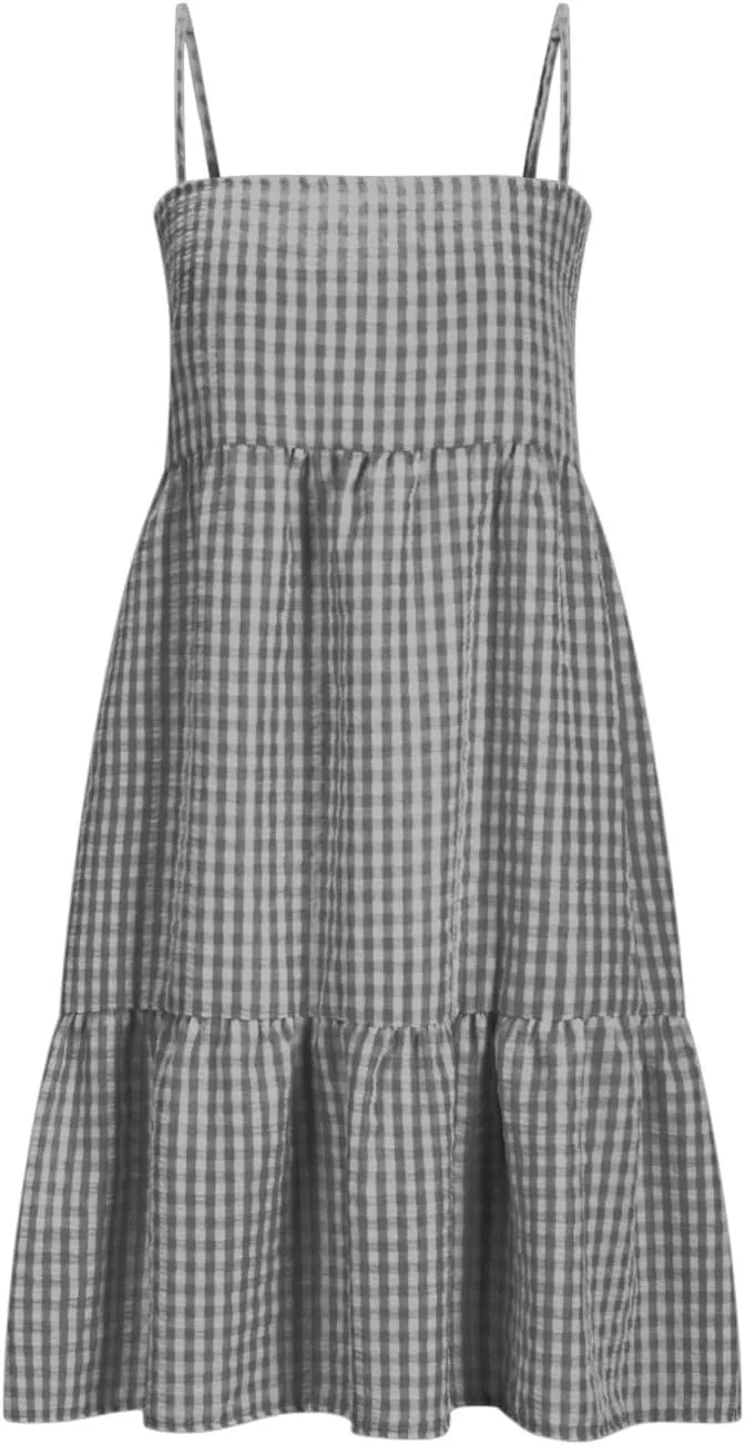 Cute Gingham Mini Cami Dress for Women Casual Spaghetti Strap Ruffle Hem A-Line Dress Summer Beach Vacation Sundress