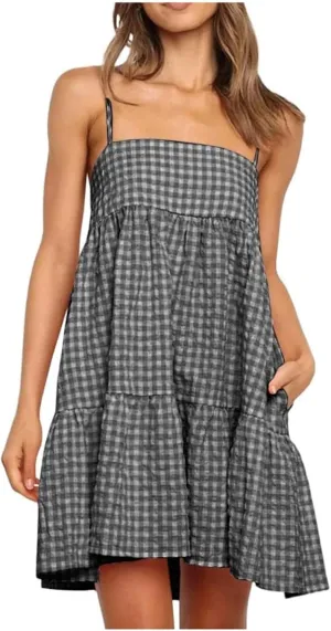Cute Gingham Mini Cami Dress for Women Casual Spaghetti Strap Ruffle Hem A-Line Dress Summer Beach Vacation Sundress