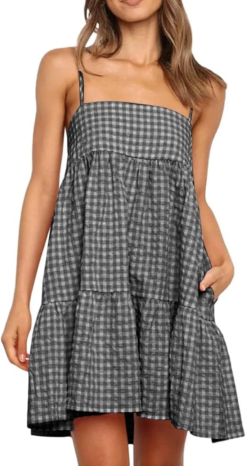 Cute Gingham Mini Cami Dress for Women Casual Spaghetti Strap Ruffle Hem A-Line Dress Summer Beach Vacation Sundress