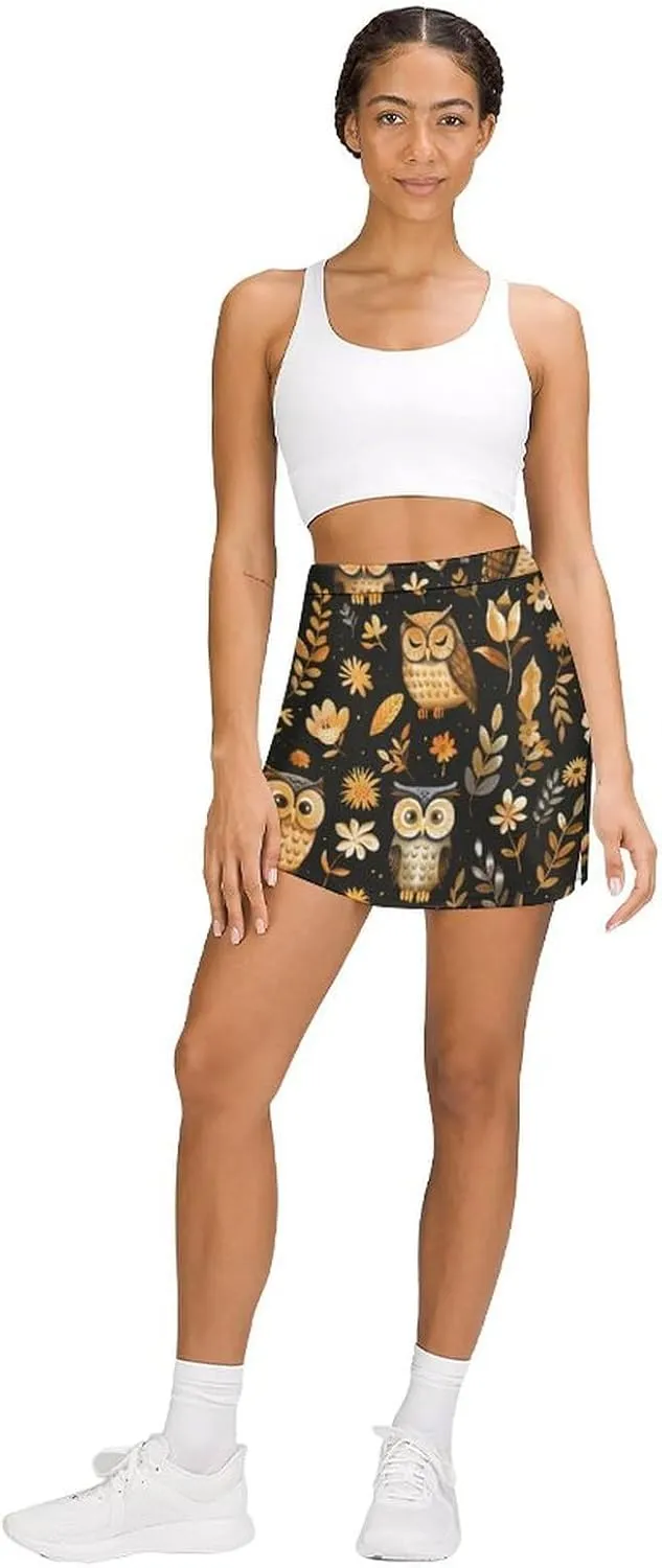Cute Owls And Leaves Women's Skort Athletic Skirt Golf Skorts A-line Skirts with Built-in Shorts Pockets