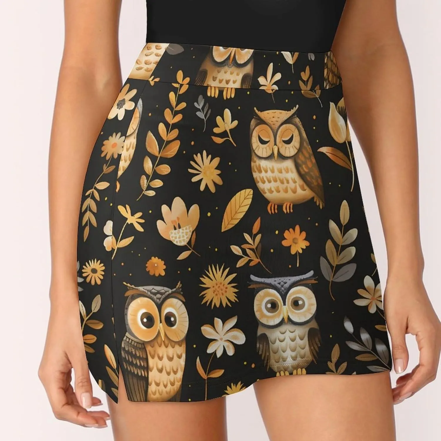 Cute Owls And Leaves Women's Skort Athletic Skirt Golf Skorts A-line Skirts with Built-in Shorts Pockets