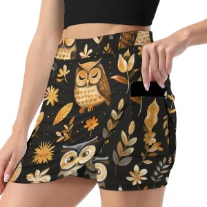 Cute Owls And Leaves Women's Skort Athletic Skirt Golf Skorts A-line Skirts with Built-in Shorts Pockets