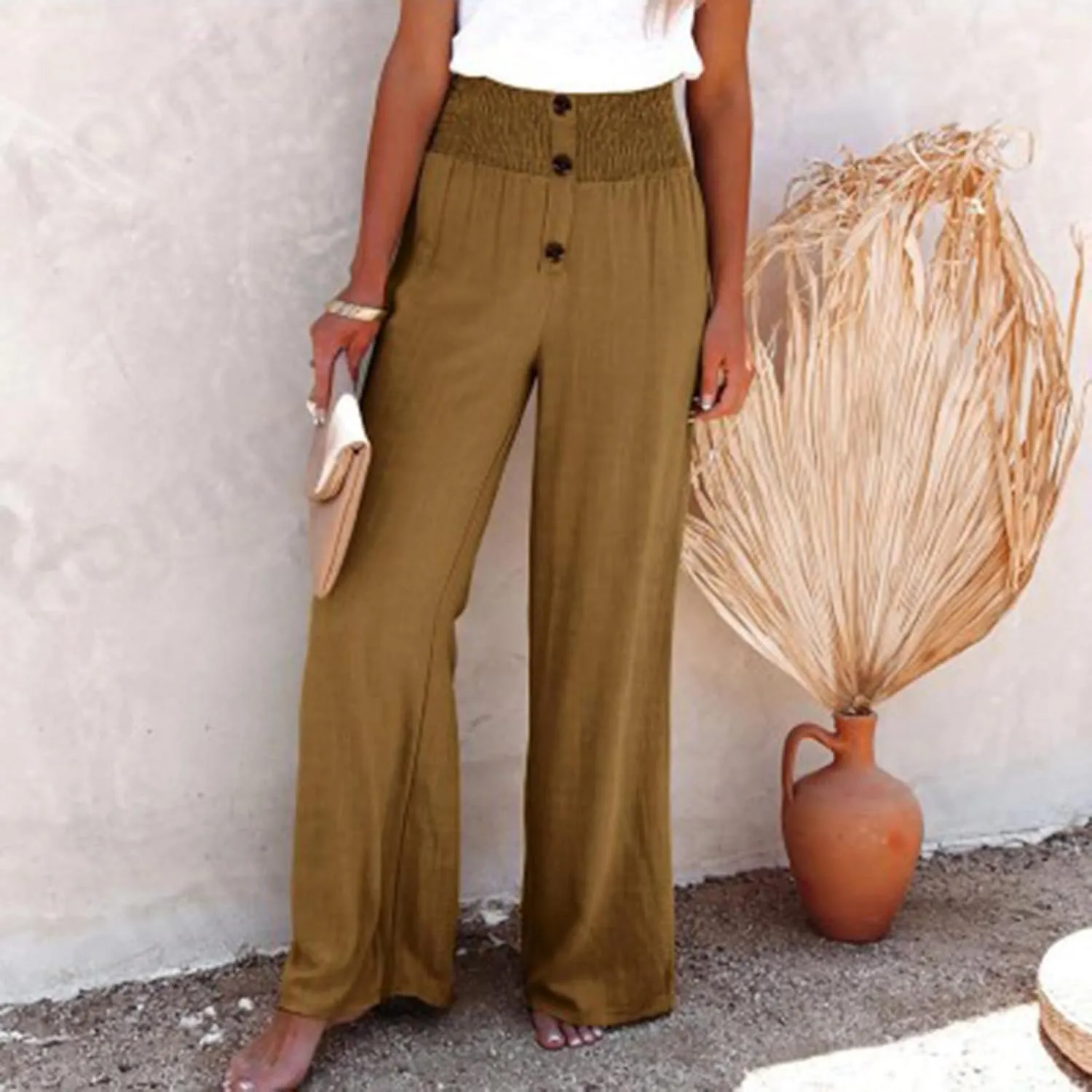 DASAYO Cotton Linen Pants for Women Smocked High Waisted Palazzo Pants Ladies Dressy Casual Wide Leg Trousers Summer Fashion