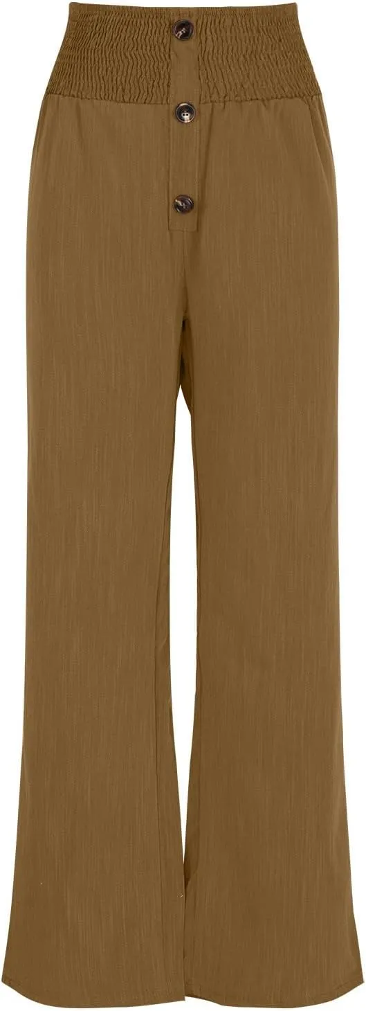 DASAYO Cotton Linen Pants for Women Smocked High Waisted Palazzo Pants Ladies Dressy Casual Wide Leg Trousers Summer Fashion