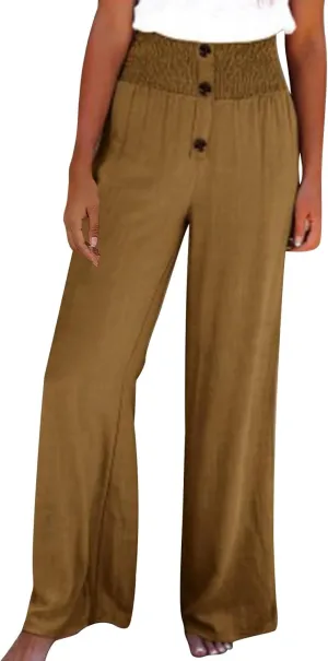 DASAYO Cotton Linen Pants for Women Smocked High Waisted Palazzo Pants Ladies Dressy Casual Wide Leg Trousers Summer Fashion