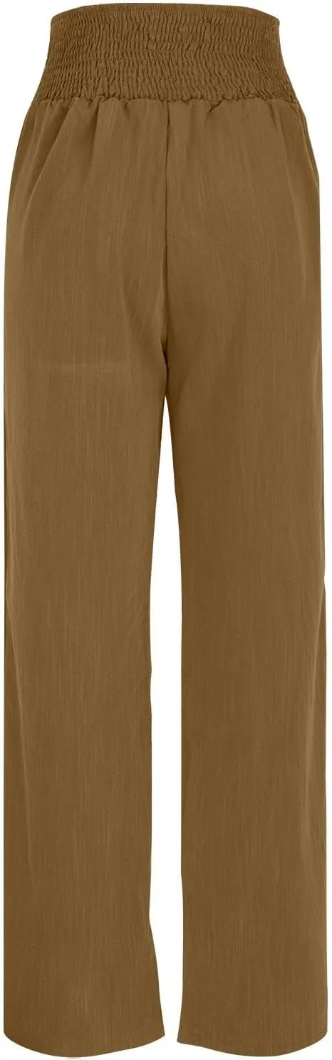 DASAYO Cotton Linen Pants for Women Smocked High Waisted Palazzo Pants Ladies Dressy Casual Wide Leg Trousers Summer Fashion