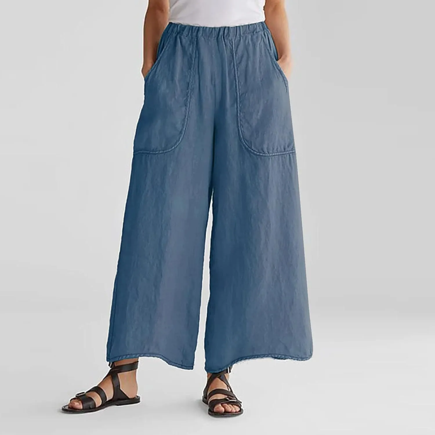 DASAYO Cotton Linen Pants for Women Trendy Elastic Waist Palazzo Pants Dressy Casual Flowy Wide Leg Trousers with Pockets