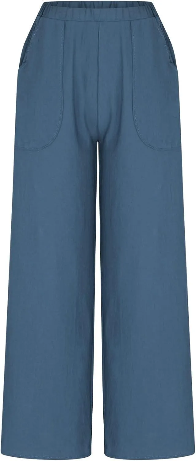 DASAYO Cotton Linen Pants for Women Trendy Elastic Waist Palazzo Pants Dressy Casual Flowy Wide Leg Trousers with Pockets