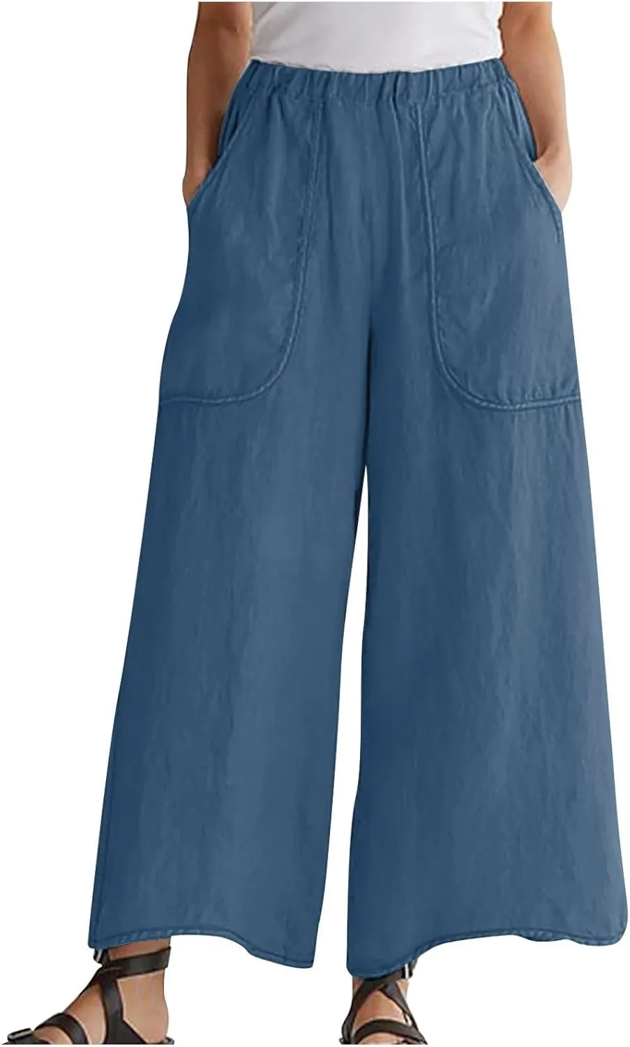 DASAYO Cotton Linen Pants for Women Trendy Elastic Waist Palazzo Pants Dressy Casual Flowy Wide Leg Trousers with Pockets
