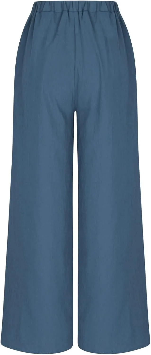 DASAYO Cotton Linen Pants for Women Trendy Elastic Waist Palazzo Pants Dressy Casual Flowy Wide Leg Trousers with Pockets