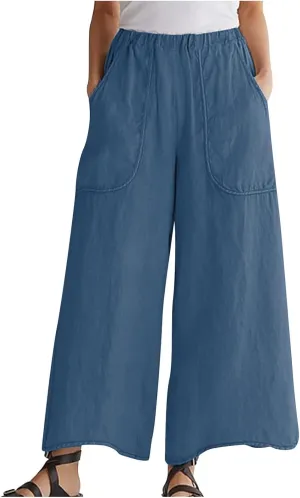 DASAYO Cotton Linen Pants for Women Trendy Elastic Waist Palazzo Pants Dressy Casual Flowy Wide Leg Trousers with Pockets