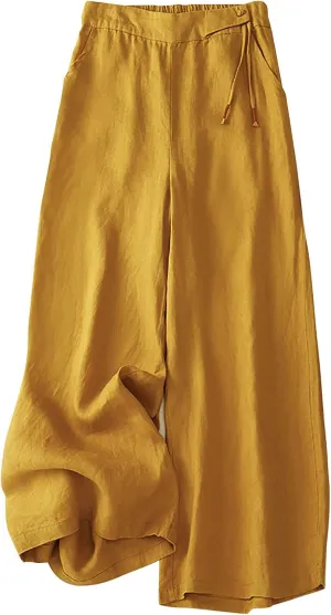 DASAYO Linen Pants for Women Trendy Elastic Waist Casual Cropped Palazzo Pants Laides Summer Beach Flowy Wide Leg Trousers