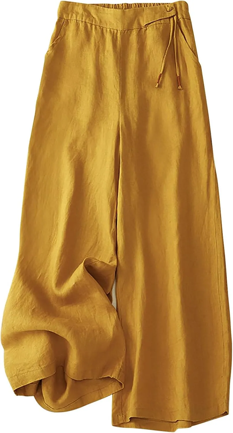 DASAYO Linen Pants for Women Trendy Elastic Waist Casual Cropped Palazzo Pants Laides Summer Beach Flowy Wide Leg Trousers