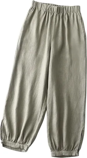 DASAYO Linen Pants Women Elastic Waist Baggy Casual Trousers Loose Fit Herem Pants with Pockets Ladies Summer Outfits Fashion