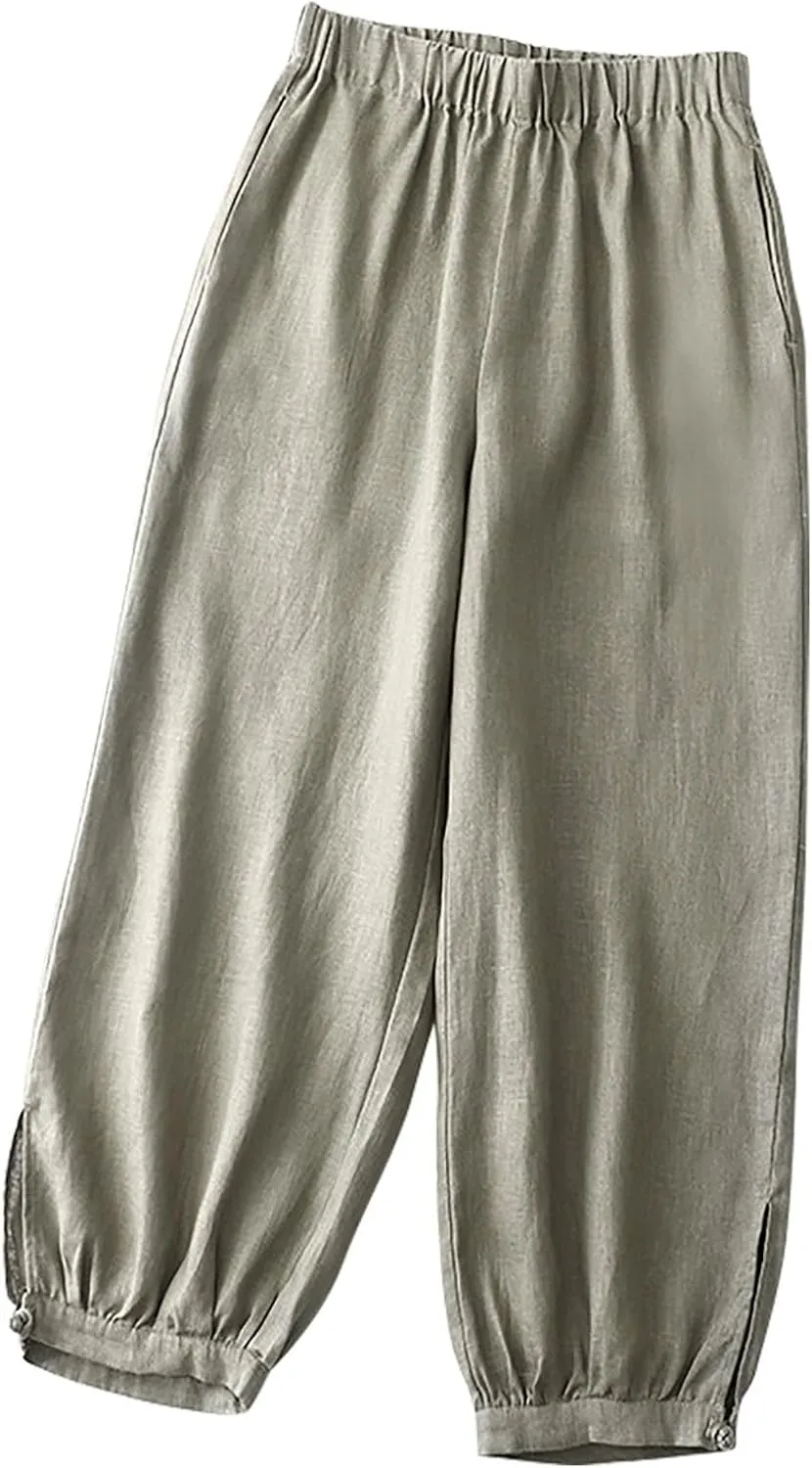 DASAYO Linen Pants Women Elastic Waist Baggy Casual Trousers Loose Fit Herem Pants with Pockets Ladies Summer Outfits Fashion