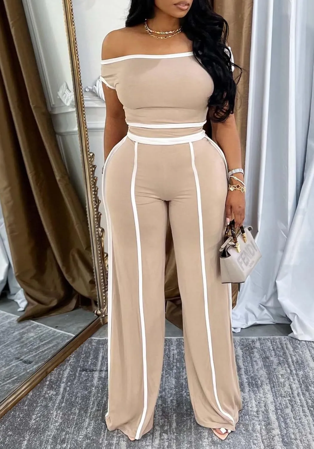 DINGANG Women's Summer 2 Piece Outfits Lounge Sets Off Shoulder Top Wide Leg Baggy Pant Y2K Tracksuit