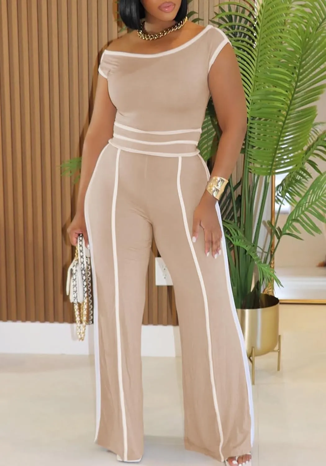 DINGANG Women's Summer 2 Piece Outfits Lounge Sets Off Shoulder Top Wide Leg Baggy Pant Y2K Tracksuit