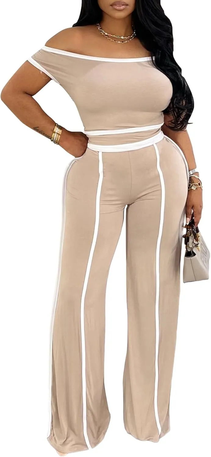 DINGANG Women's Summer 2 Piece Outfits Lounge Sets Off Shoulder Top Wide Leg Baggy Pant Y2K Tracksuit