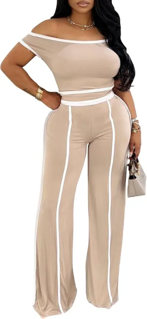 DINGANG Women's Summer 2 Piece Outfits Lounge Sets Off Shoulder Top Wide Leg Baggy Pant Y2K Tracksuit