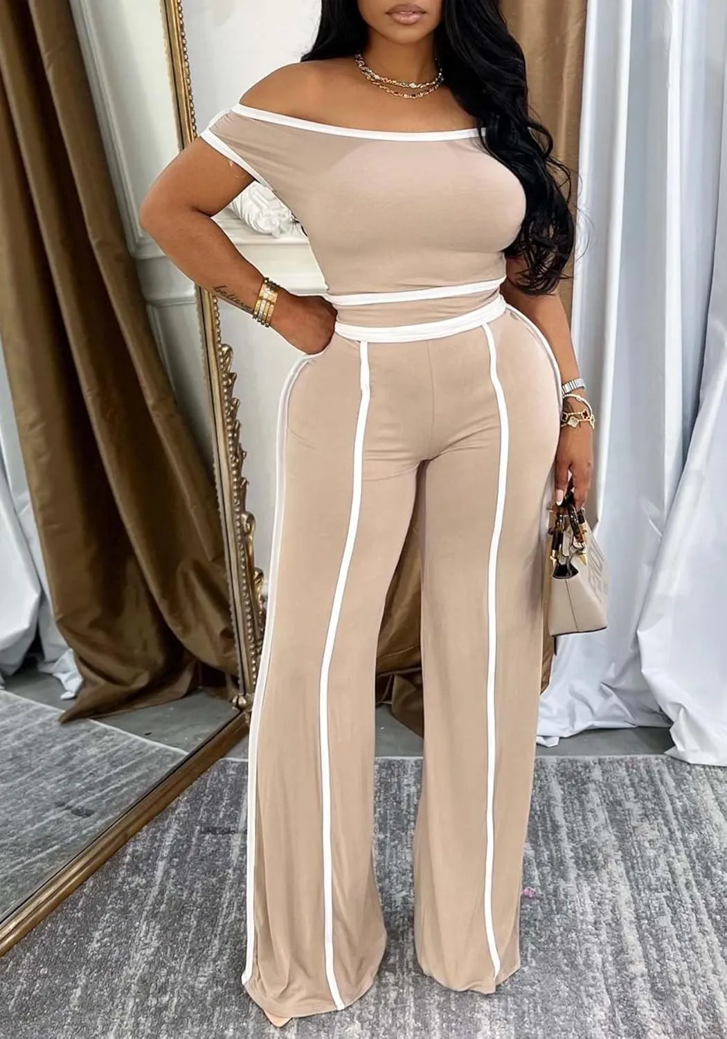 DINGANG Women's Summer 2 Piece Outfits Lounge Sets Off Shoulder Top Wide Leg Baggy Pant Y2K Tracksuit
