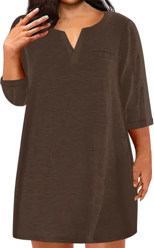 Dresses for Women 2024 Plus Szie 3/4 Length Sleeve Shirt Dress Trendy Loose Fit V Neck Sundress Casual Beach Dress