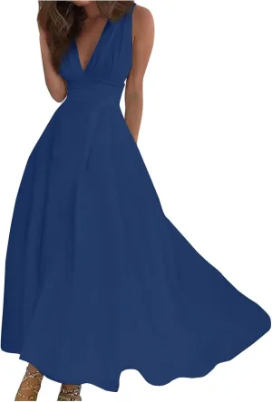 Dresses for Women 2025 Flowy Ruched Sleeveless Beach Dresses Wrap V Neck Floral Printed Maxi Dress Boho Sundresses