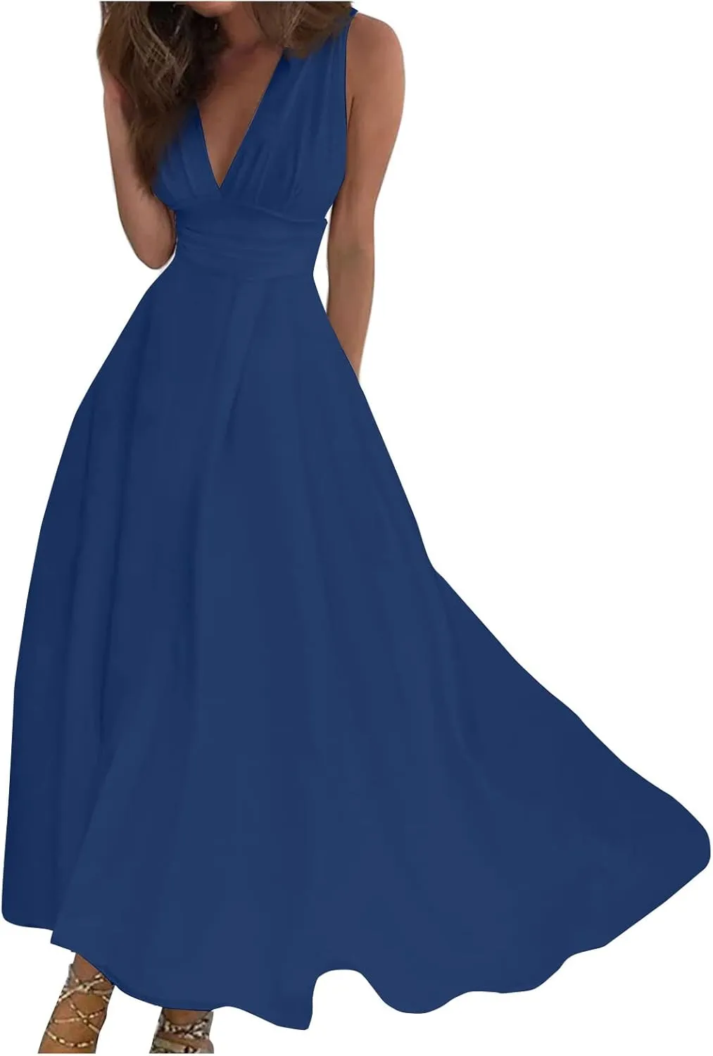 Dresses for Women 2025 Flowy Ruched Sleeveless Beach Dresses Wrap V Neck Floral Printed Maxi Dress Boho Sundresses