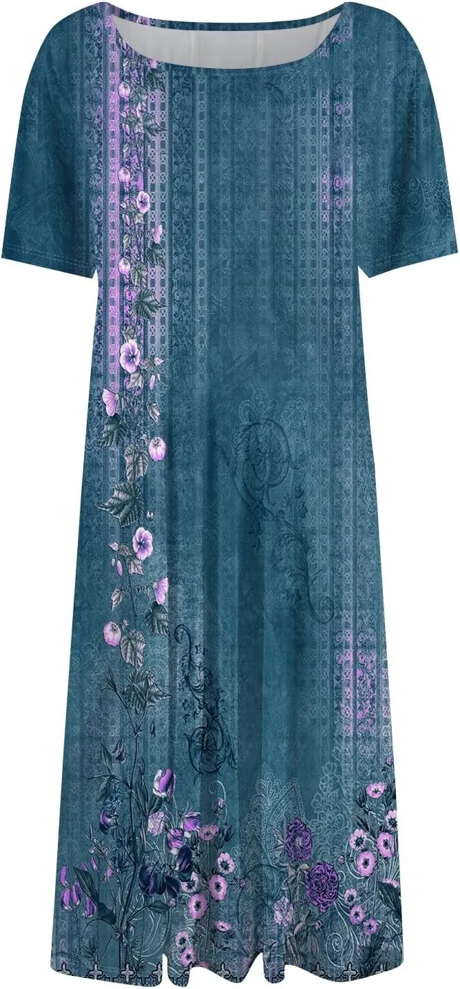 Dresses for Women 2025 Midi Dresses for Women Summer Short Sleeve A Line Loose Floor Length